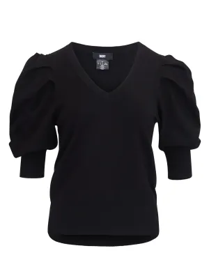 Rayon Nylon V Neck Puff Sleeve Sweater