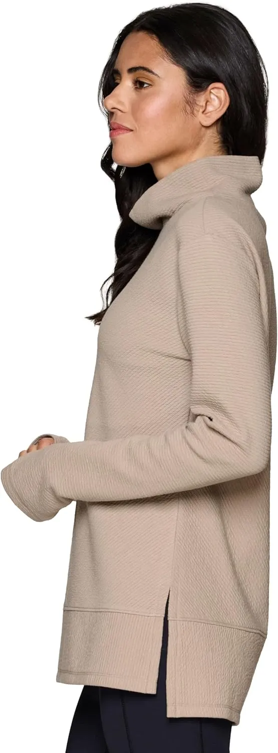 RBX Active Women's Ultra Soft Quilted Cowl Neck Pullover Sweater, Lightweight Mock Neck Tunic Sweatshirt with Thumbholes