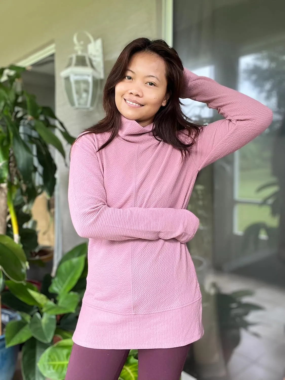 RBX Active Women's Ultra Soft Quilted Cowl Neck Pullover Sweater, Lightweight Mock Neck Tunic Sweatshirt with Thumbholes