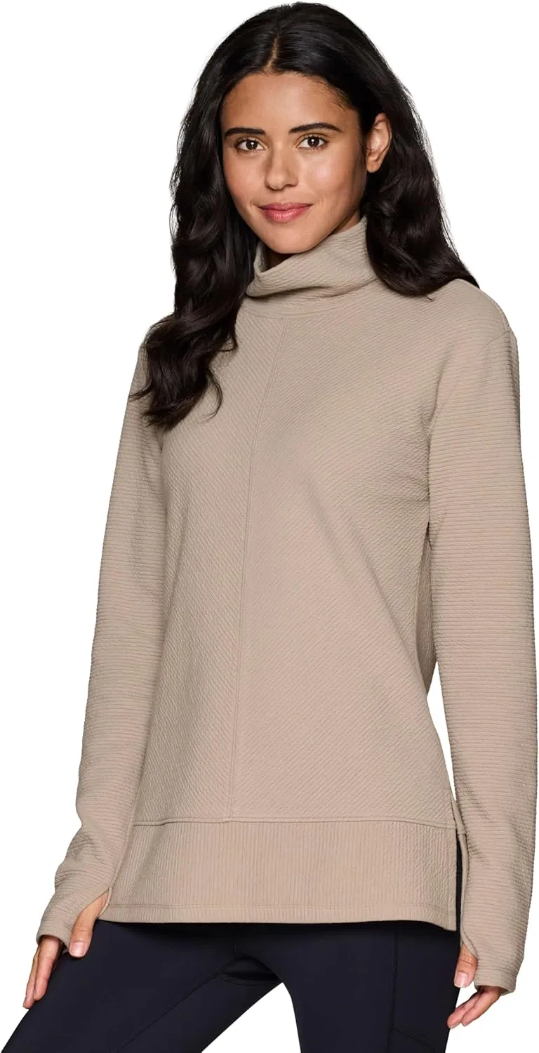 RBX Active Women's Ultra Soft Quilted Cowl Neck Pullover Sweater, Lightweight Mock Neck Tunic Sweatshirt with Thumbholes