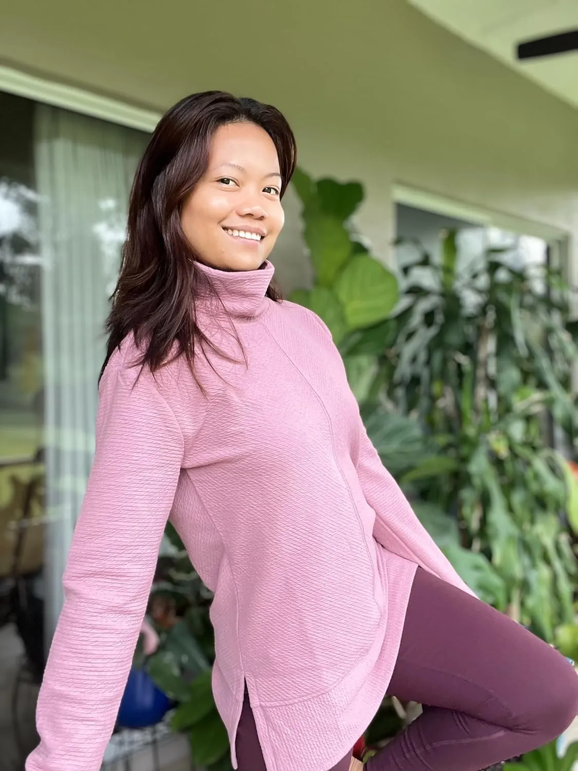 RBX Active Women's Ultra Soft Quilted Cowl Neck Pullover Sweater, Lightweight Mock Neck Tunic Sweatshirt with Thumbholes