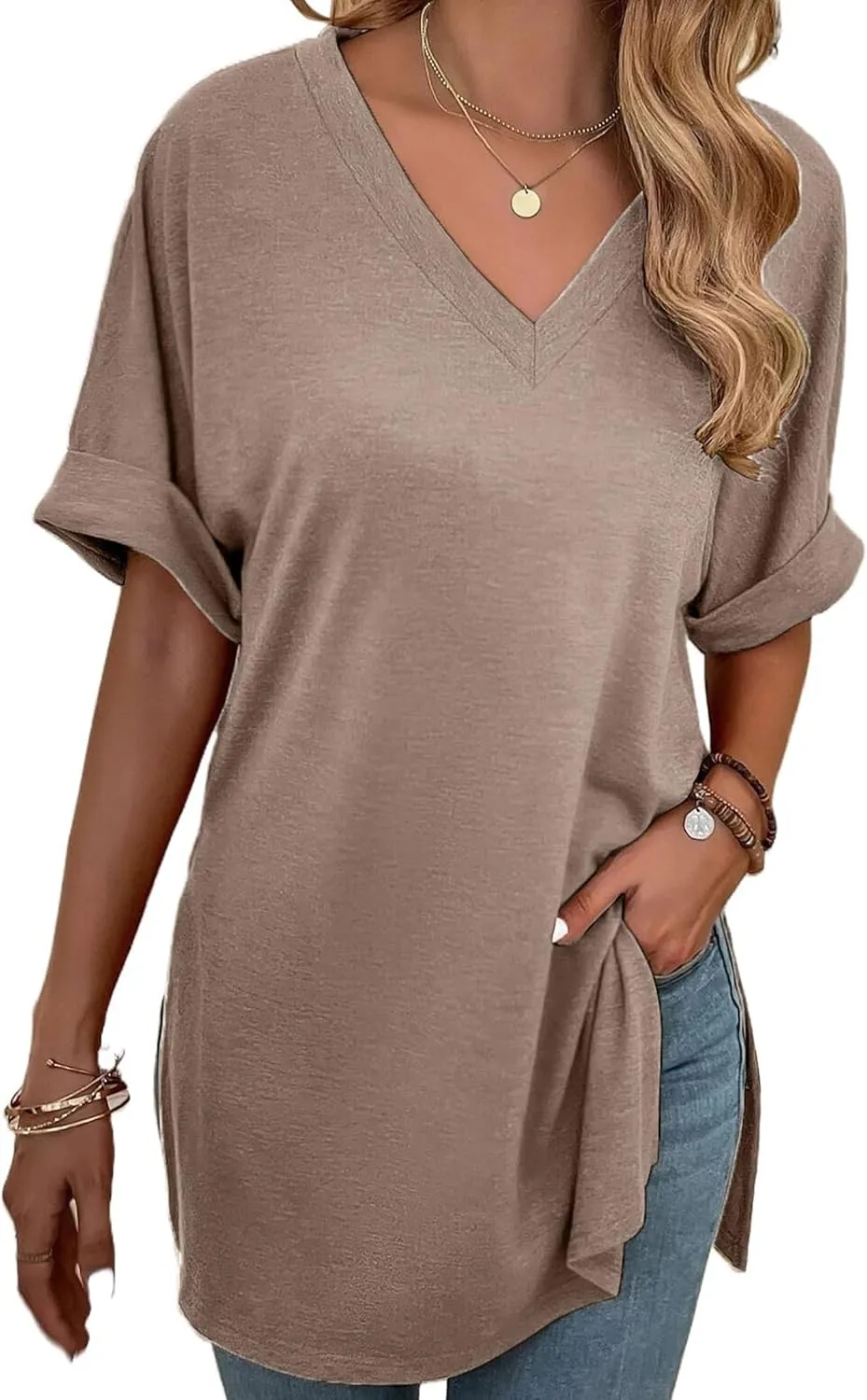 Remidoo Women's Side Slit Rolled Short Sleeve Tee V Neck Loose Fit Tunic T Shirt Top