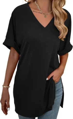 Remidoo Women's Side Slit Rolled Short Sleeve Tee V Neck Loose Fit Tunic T Shirt Top