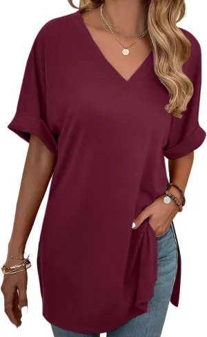 Remidoo Women's Side Slit Rolled Short Sleeve Tee V Neck Loose Fit Tunic T Shirt Top