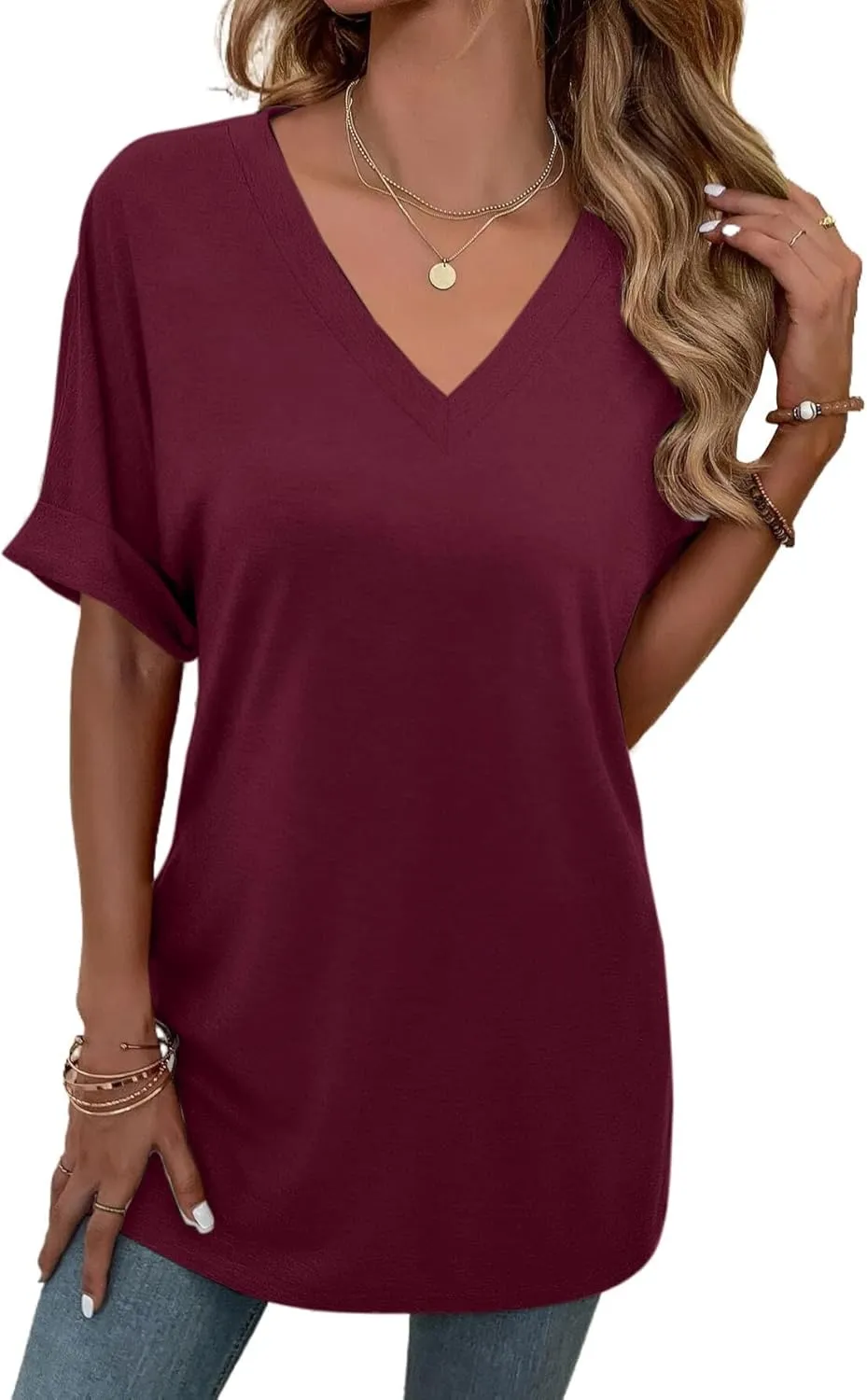 Remidoo Women's Side Slit Rolled Short Sleeve Tee V Neck Loose Fit Tunic T Shirt Top
