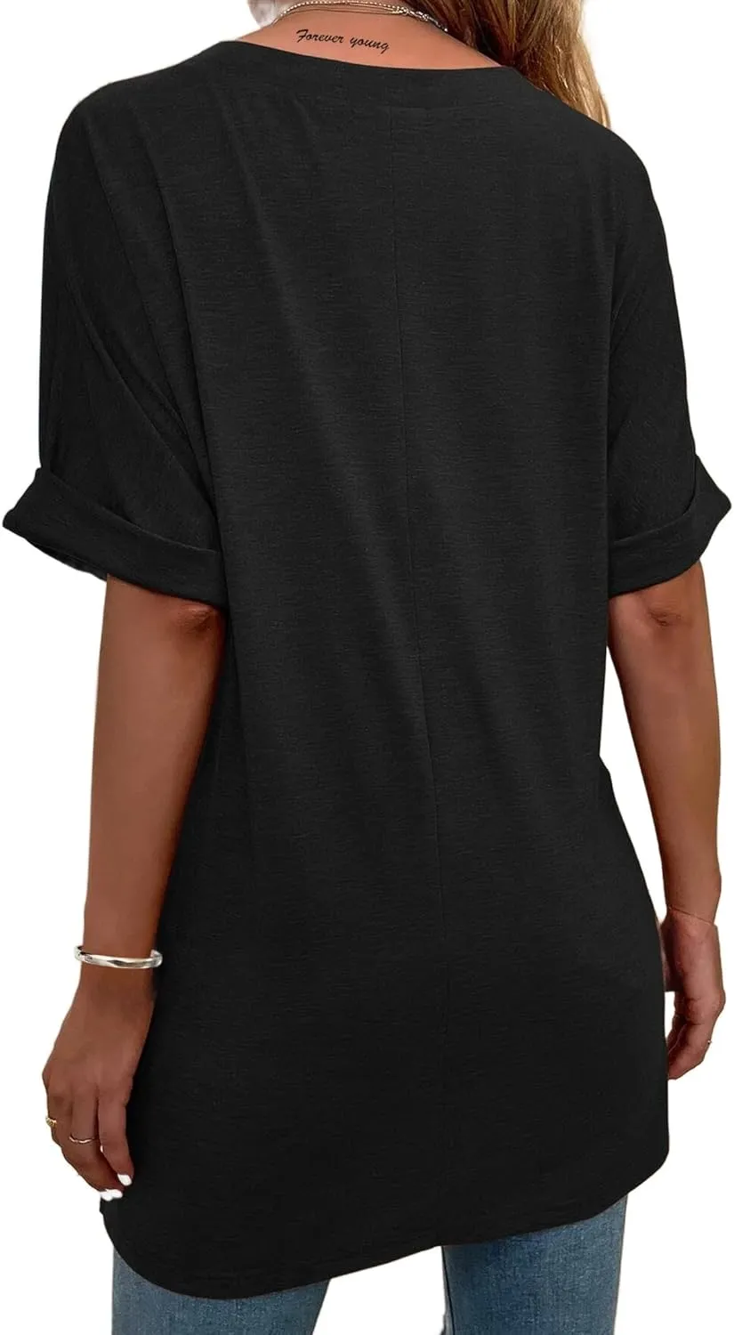 Remidoo Women's Side Slit Rolled Short Sleeve Tee V Neck Loose Fit Tunic T Shirt Top