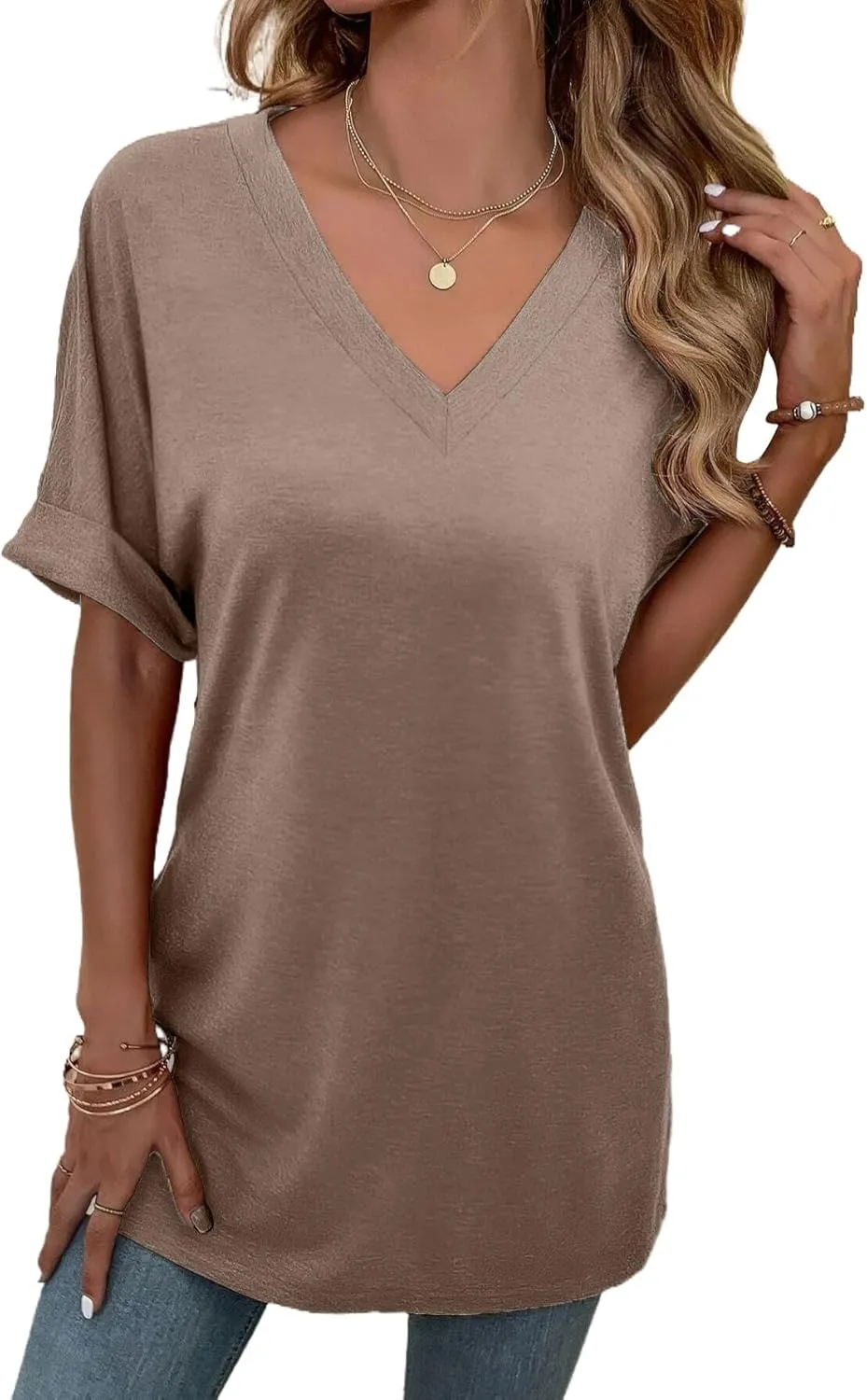 Remidoo Women's Side Slit Rolled Short Sleeve Tee V Neck Loose Fit Tunic T Shirt Top