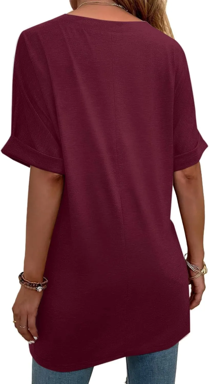 Remidoo Women's Side Slit Rolled Short Sleeve Tee V Neck Loose Fit Tunic T Shirt Top