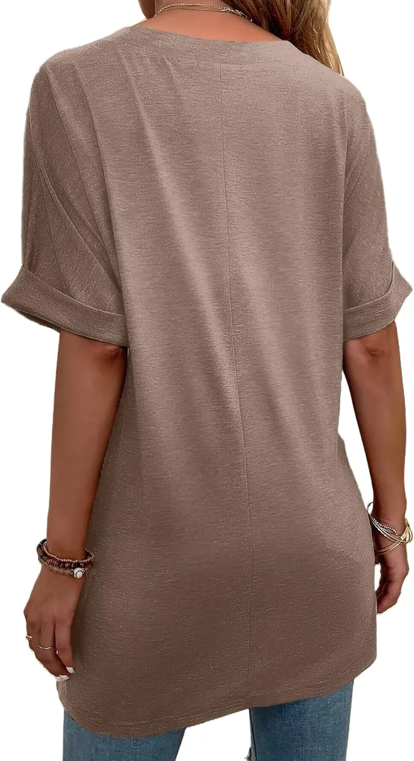 Remidoo Women's Side Slit Rolled Short Sleeve Tee V Neck Loose Fit Tunic T Shirt Top