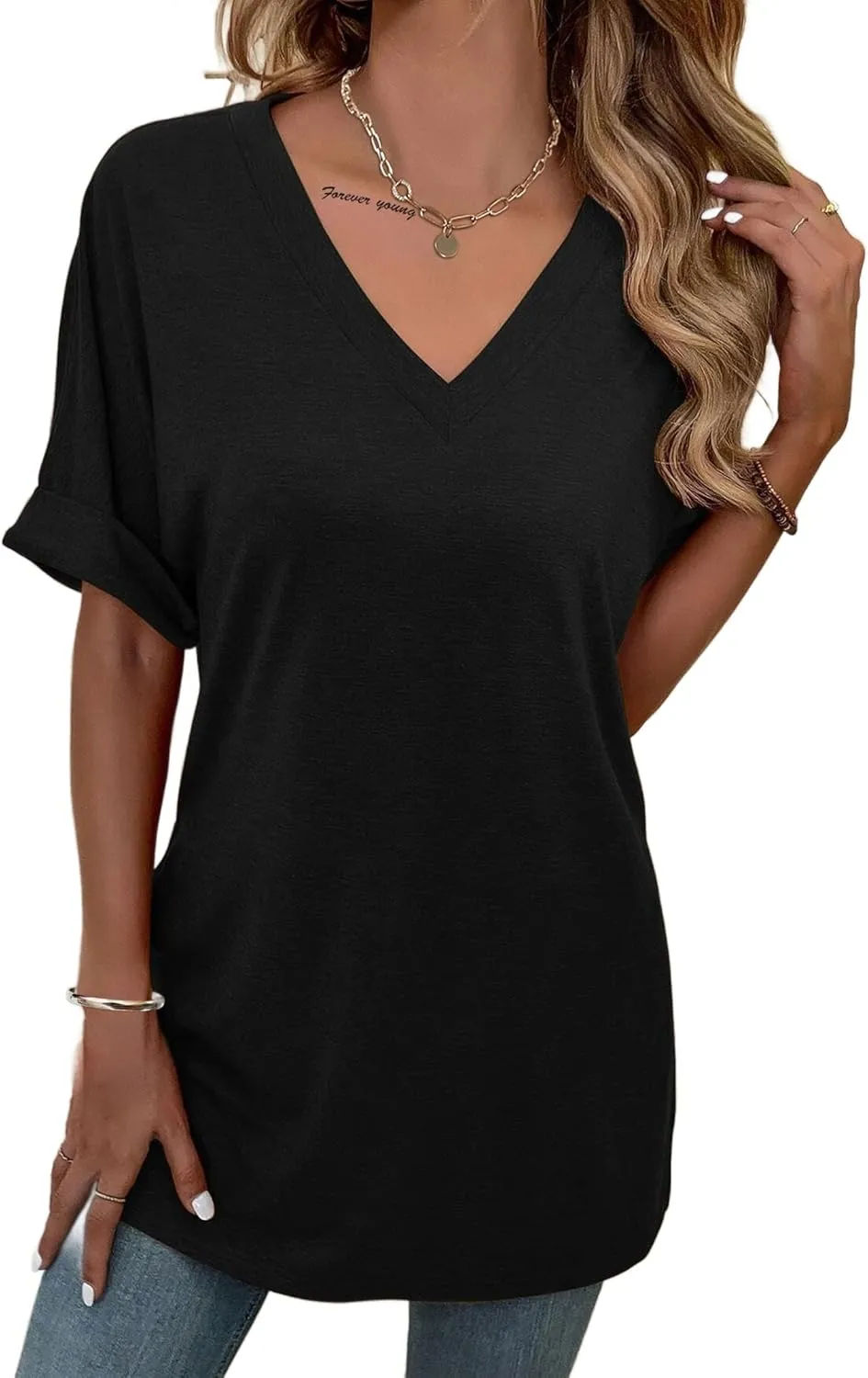 Remidoo Women's Side Slit Rolled Short Sleeve Tee V Neck Loose Fit Tunic T Shirt Top