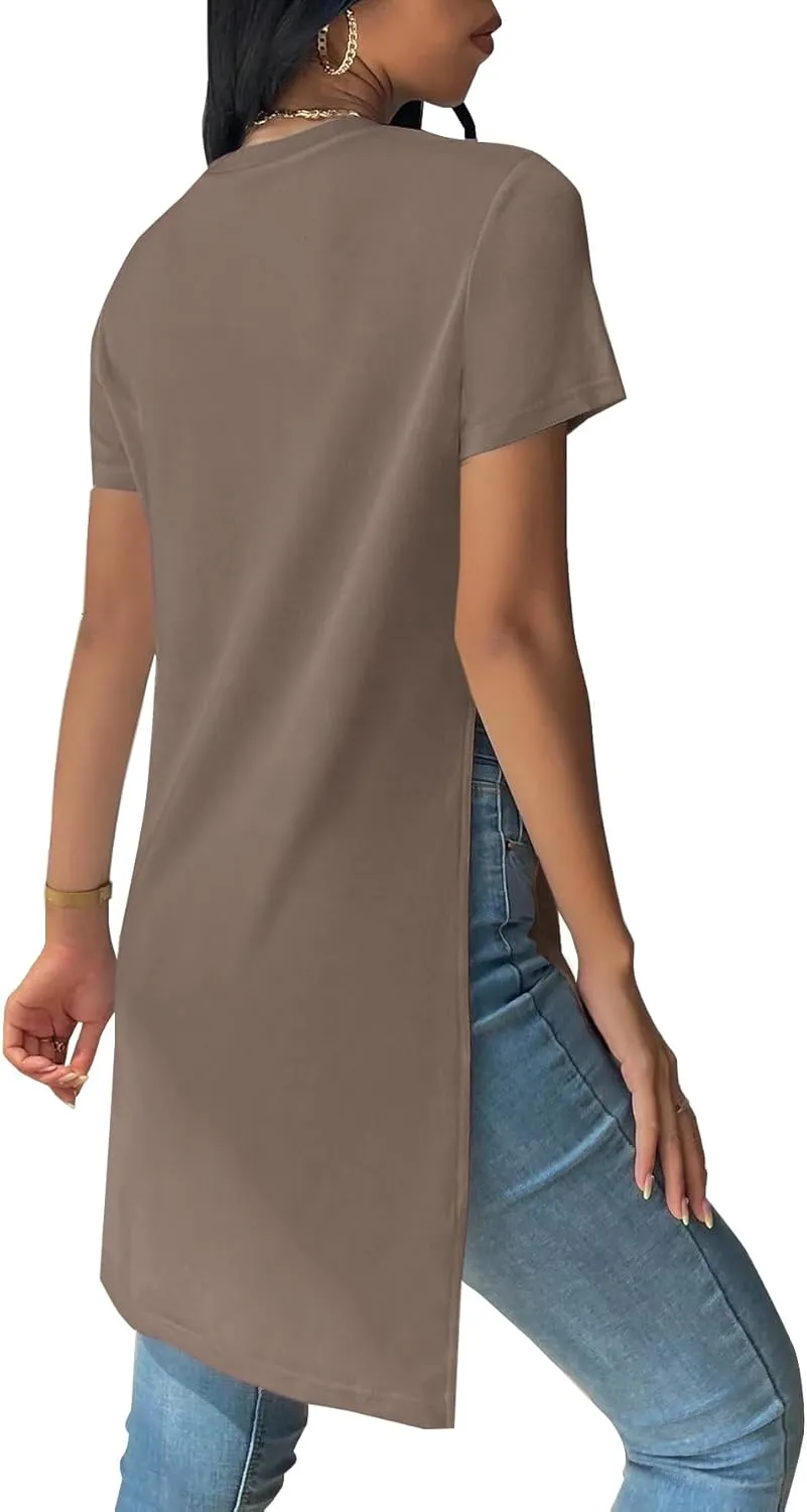 Remidoo Women's Side Slit Tunic Tops Crewneck Short Sleeve Tee Loose Fit Long T Shirt