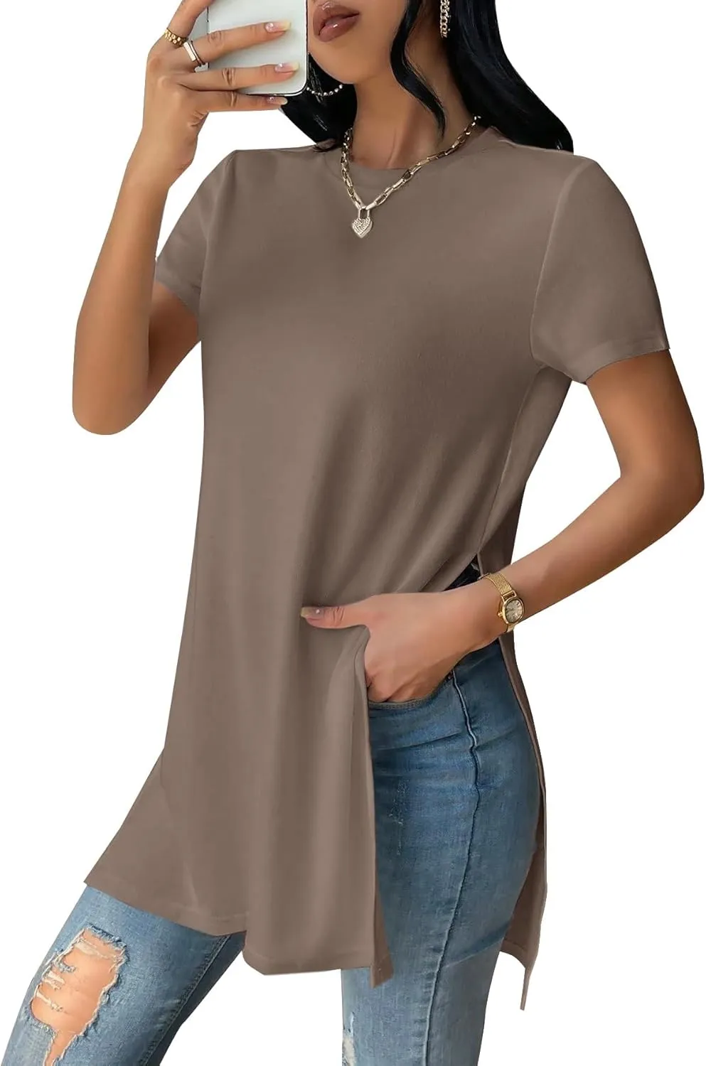 Remidoo Women's Side Slit Tunic Tops Crewneck Short Sleeve Tee Loose Fit Long T Shirt