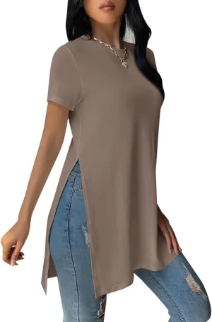Remidoo Women's Side Slit Tunic Tops Crewneck Short Sleeve Tee Loose Fit Long T Shirt