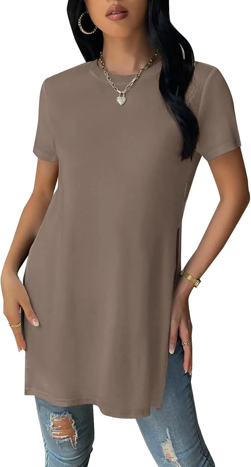 Remidoo Women's Side Slit Tunic Tops Crewneck Short Sleeve Tee Loose Fit Long T Shirt