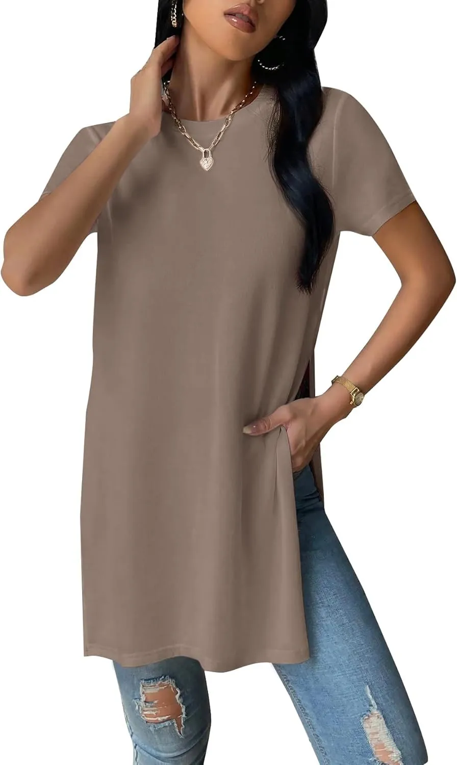 Remidoo Women's Side Slit Tunic Tops Crewneck Short Sleeve Tee Loose Fit Long T Shirt