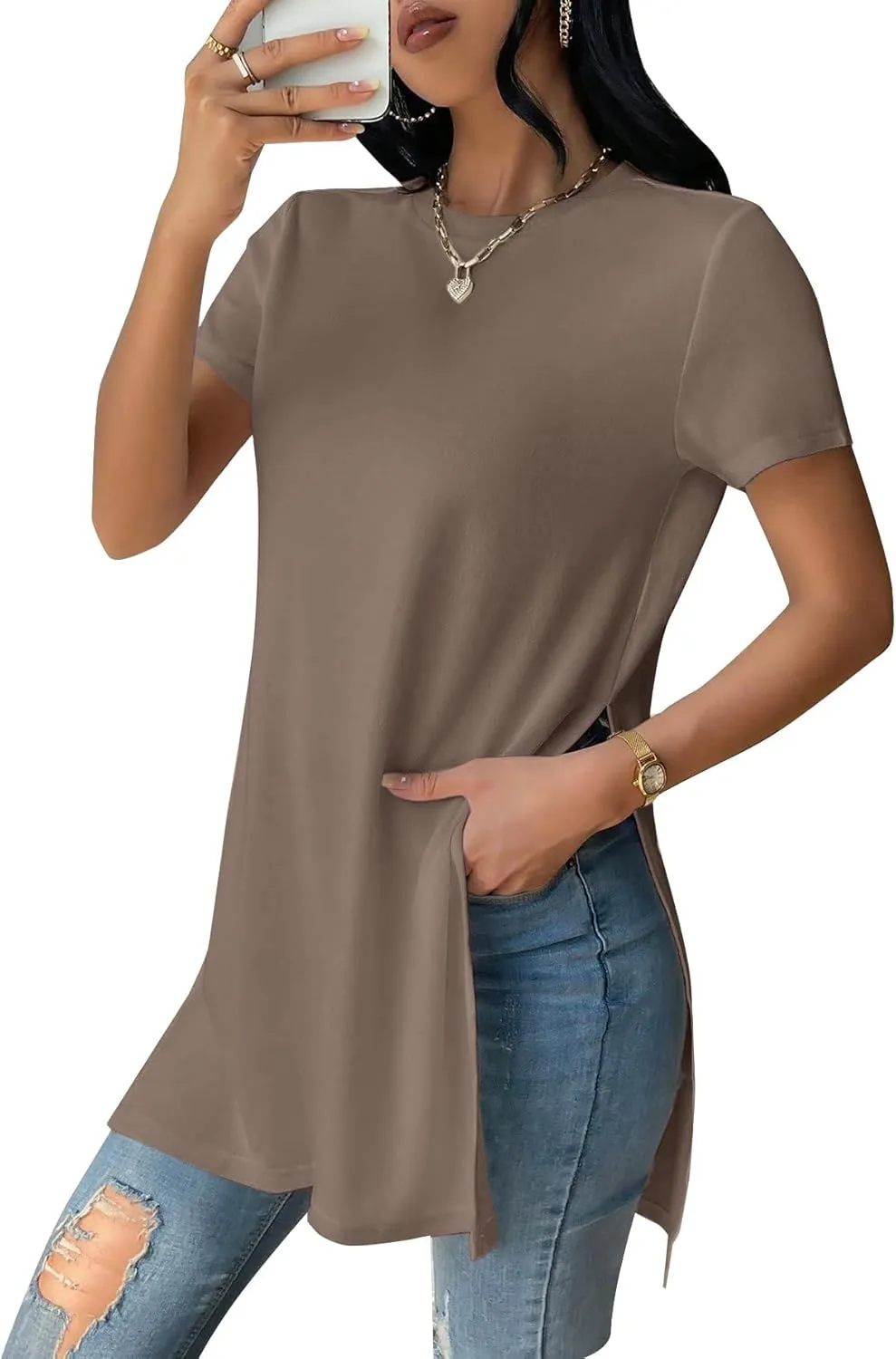 Remidoo Women's Side Slit Tunic Tops Crewneck Short Sleeve Tee Loose Fit Long T Shirt