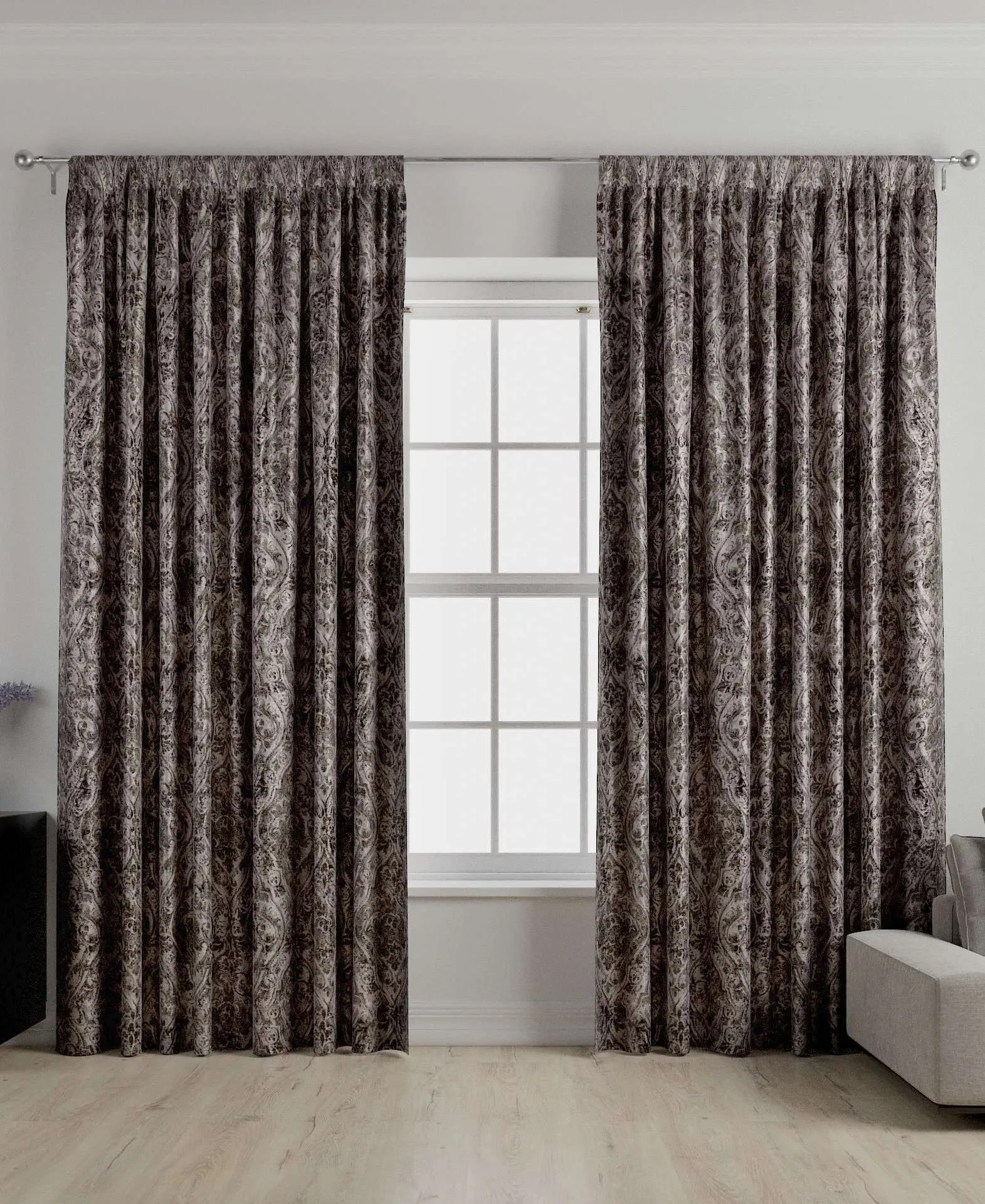 Renaissance Charcoal Grey Printed Velvet Curtains
