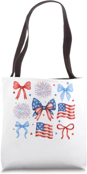 Retro USA Flag Coquette Bow 4th Of July Fireworks Patriotic Tote Bag