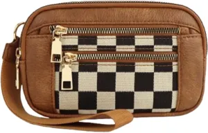 RFID Blocking Wristlet Wallet for Women - PU Leather Crossbody Bag with Transparent Card Slots, Lightweight Card Holder & Coin Pocket for Daily Essentials (Checkered Brown)