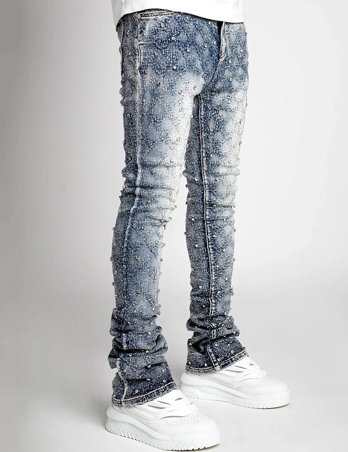 Rhinestone Skinny Stacked Jeans Mens Straight Leg Jeans Casual Pants Slim Fit Jeans Vintage Grunge Hip Hop Pants