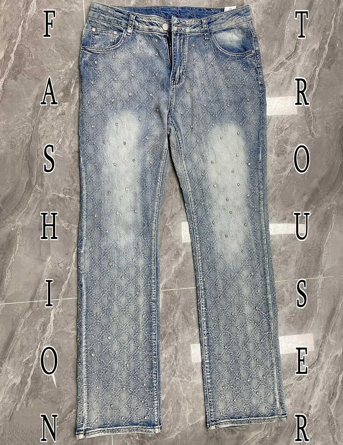 Rhinestone Skinny Stacked Jeans Mens Straight Leg Jeans Casual Pants Slim Fit Jeans Vintage Grunge Hip Hop Pants