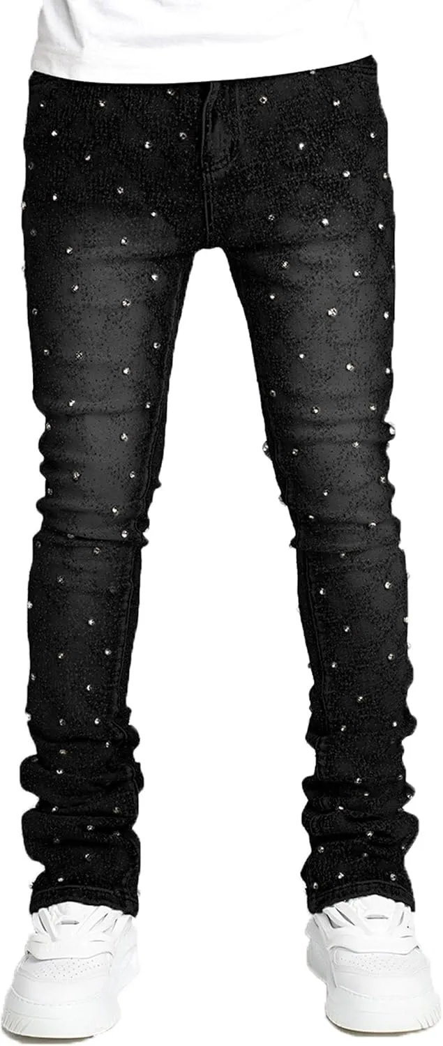 Rhinestone Skinny Stacked Jeans Mens Straight Leg Jeans Casual Pants Slim Fit Jeans Vintage Grunge Hip Hop Pants