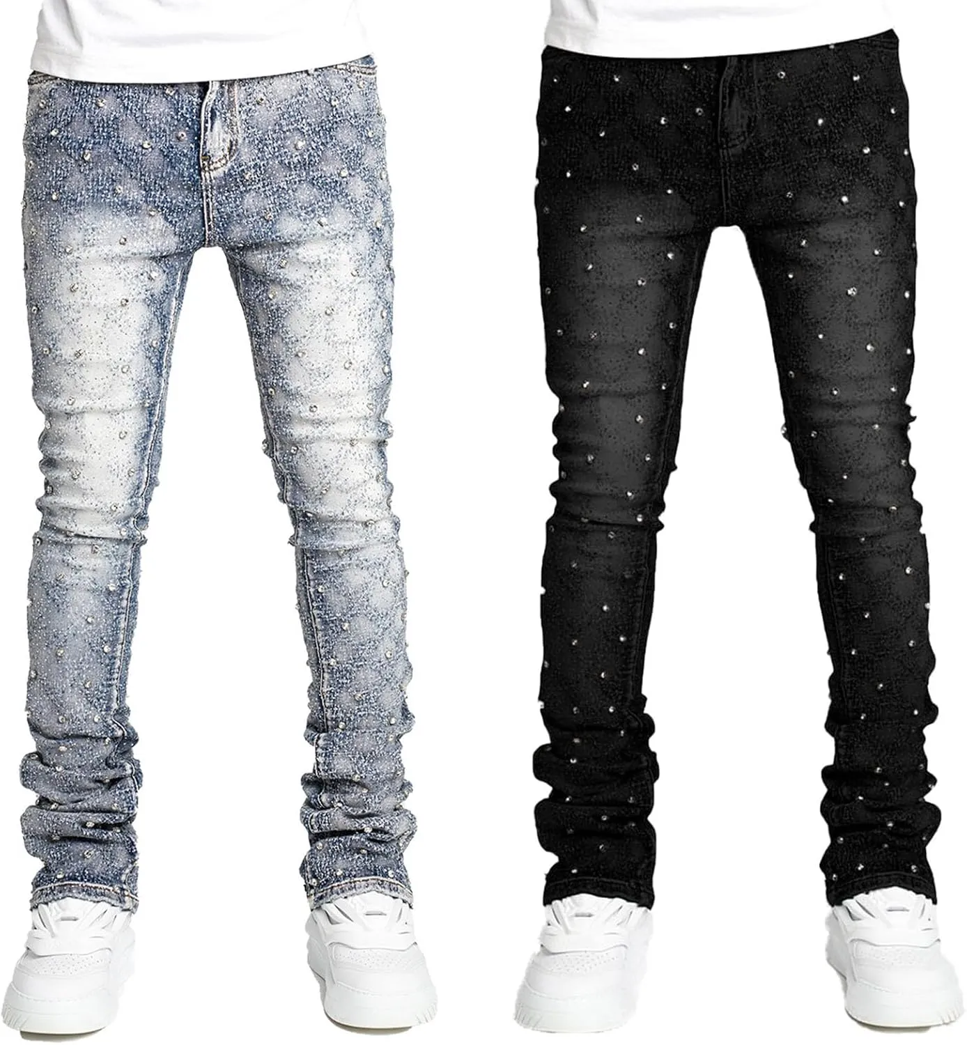 Rhinestone Skinny Stacked Jeans Mens Straight Leg Jeans Casual Pants Slim Fit Jeans Vintage Grunge Hip Hop Pants