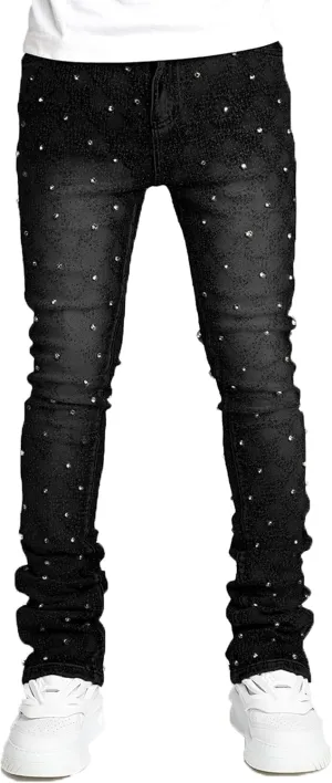 Rhinestone Skinny Stacked Jeans Mens Straight Leg Jeans Casual Pants Slim Fit Jeans Vintage Grunge Hip Hop Pants