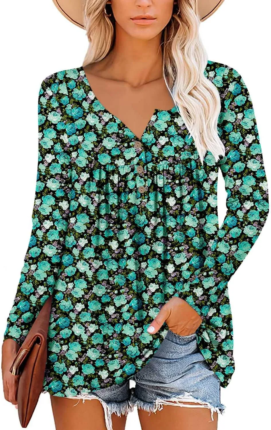ROSELINLIN Womens Long Sleeve Tunic Tops Floral Fall Blouse Shirts