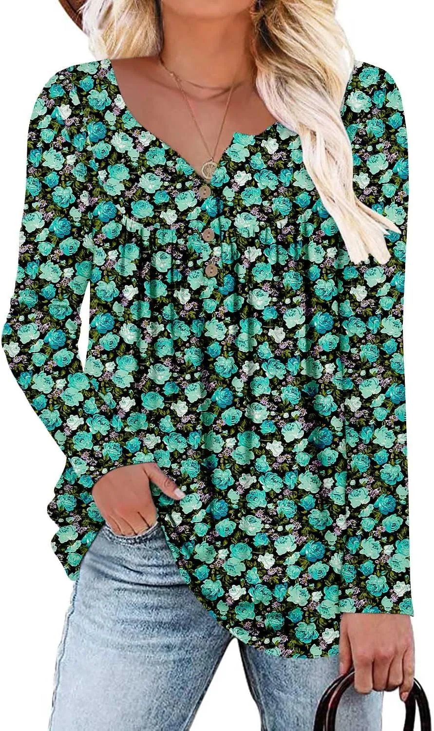 ROSELINLIN Womens Long Sleeve Tunic Tops Floral Fall Blouse Shirts