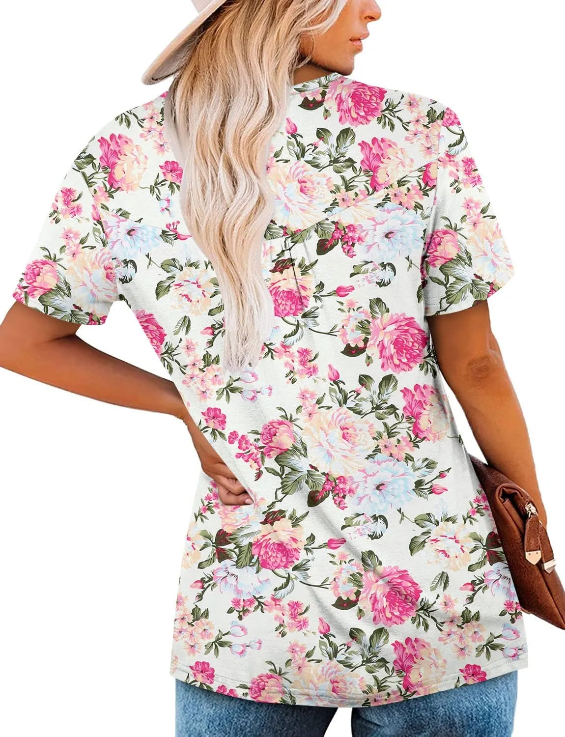 ROSELINLIN Women's Short Sleeve Shirts Floral Summer Tops Loose Fit for Leggings