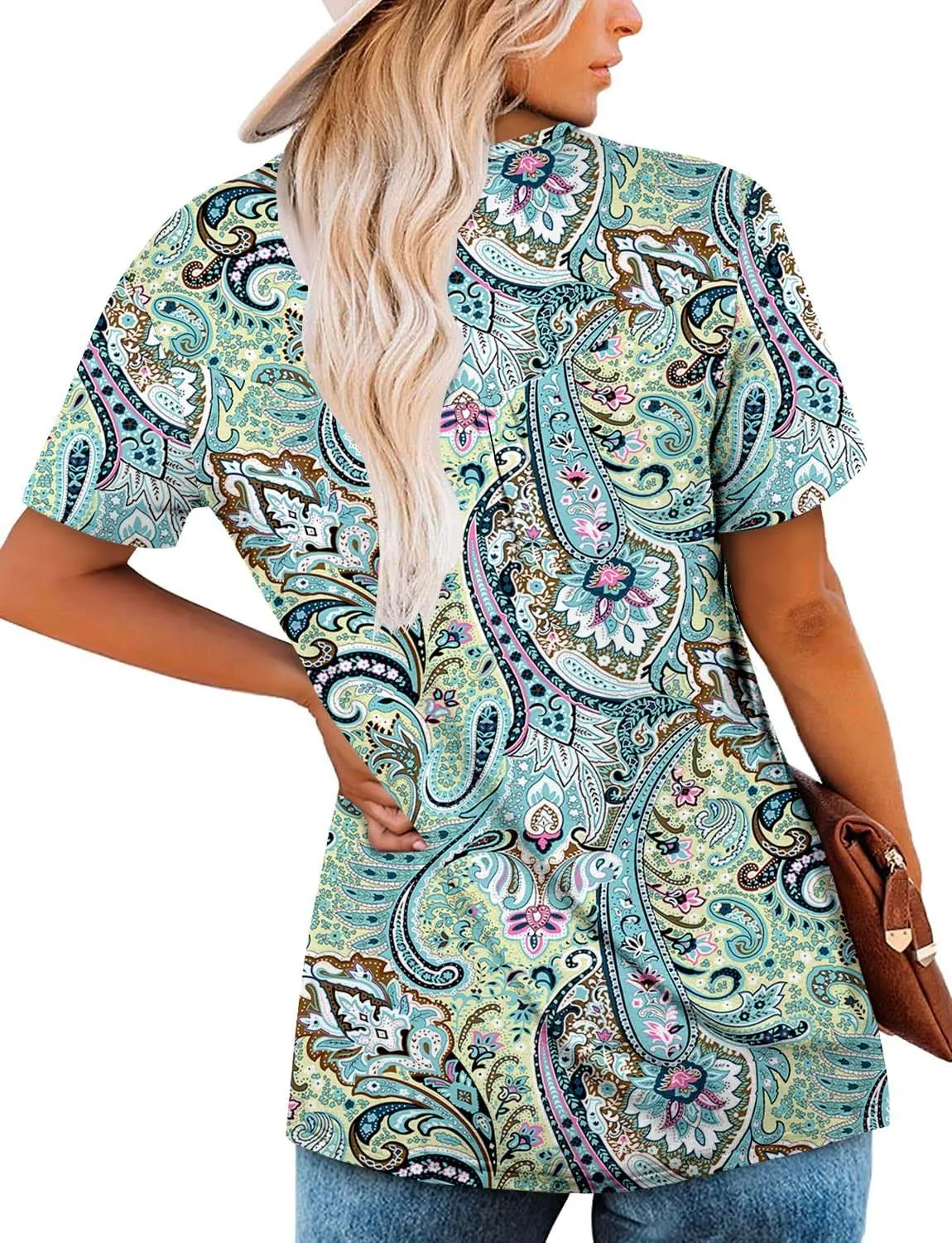 ROSELINLIN Women's Short Sleeve Shirts Floral Summer Tops Loose Fit for Leggings