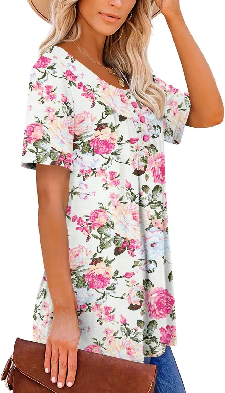 ROSELINLIN Women's Short Sleeve Shirts Floral Summer Tops Loose Fit for Leggings