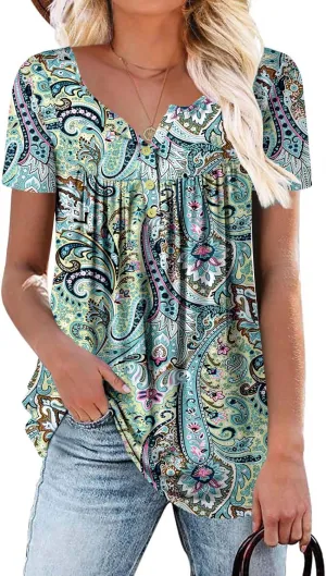 ROSELINLIN Women's Short Sleeve Shirts Floral Summer Tops Loose Fit for Leggings