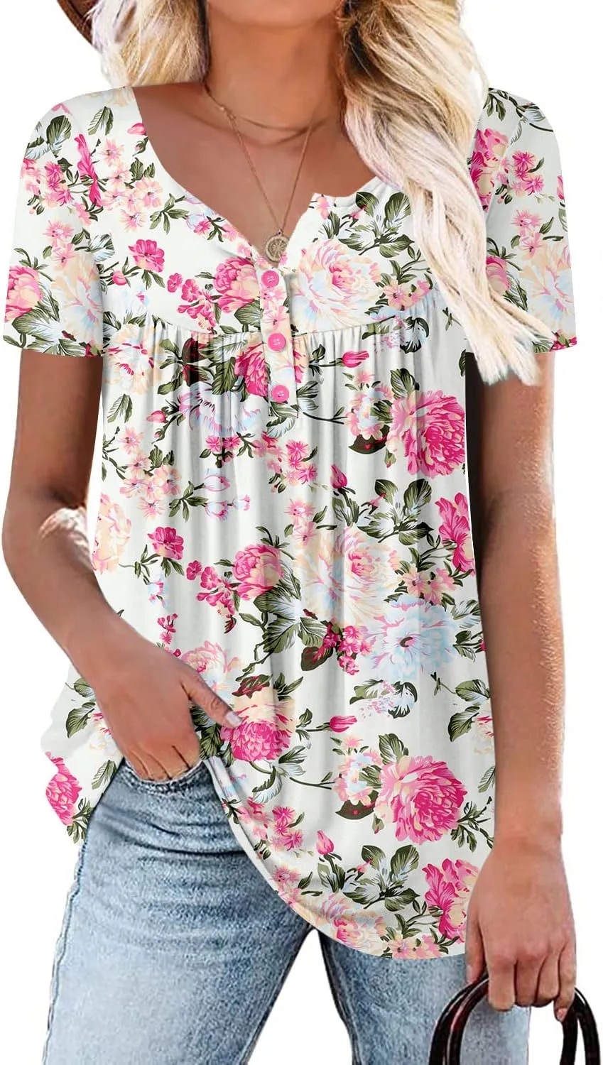 ROSELINLIN Women's Short Sleeve Shirts Floral Summer Tops Loose Fit for Leggings