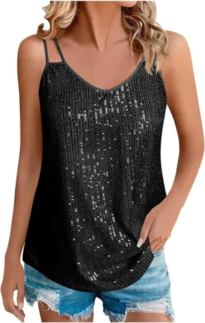 Ruziyoog Sequin Tank Tops for Women Glitter Party Strappy Camisole Sexy V Neck Sleeveless Shirt Sparkle Shimmer Clubwear