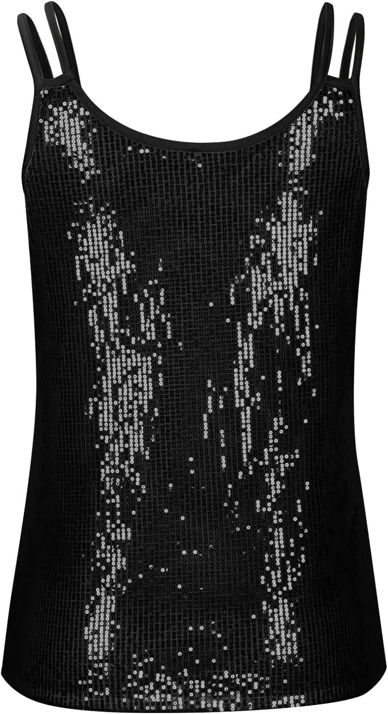 Ruziyoog Sequin Tank Tops for Women Glitter Party Strappy Camisole Sexy V Neck Sleeveless Shirt Sparkle Shimmer Clubwear