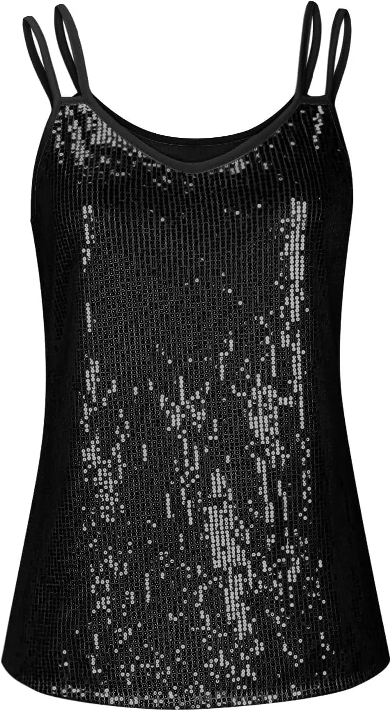 Ruziyoog Sequin Tank Tops for Women Glitter Party Strappy Camisole Sexy V Neck Sleeveless Shirt Sparkle Shimmer Clubwear