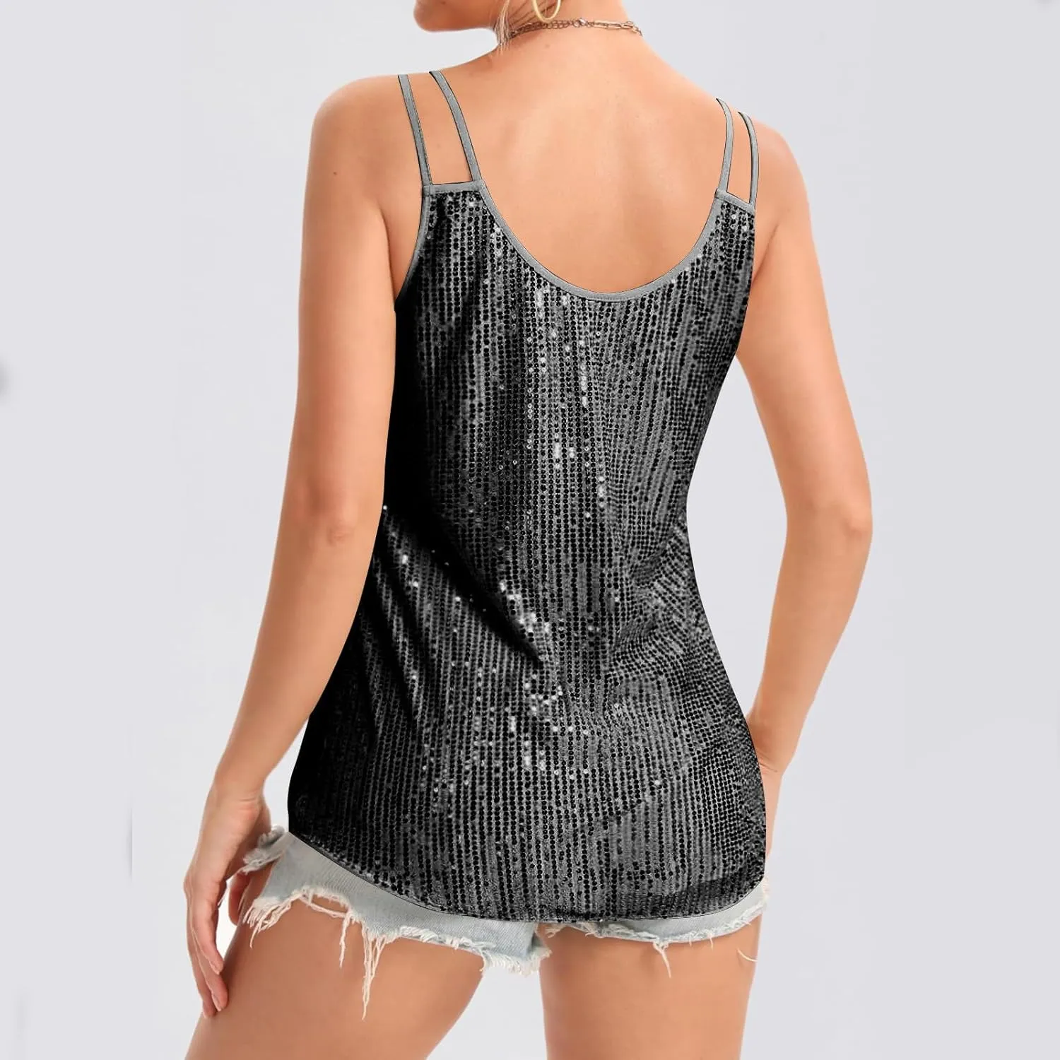 Ruziyoog Sequin Tank Tops for Women Glitter Party Strappy Camisole Sexy V Neck Sleeveless Shirt Sparkle Shimmer Clubwear