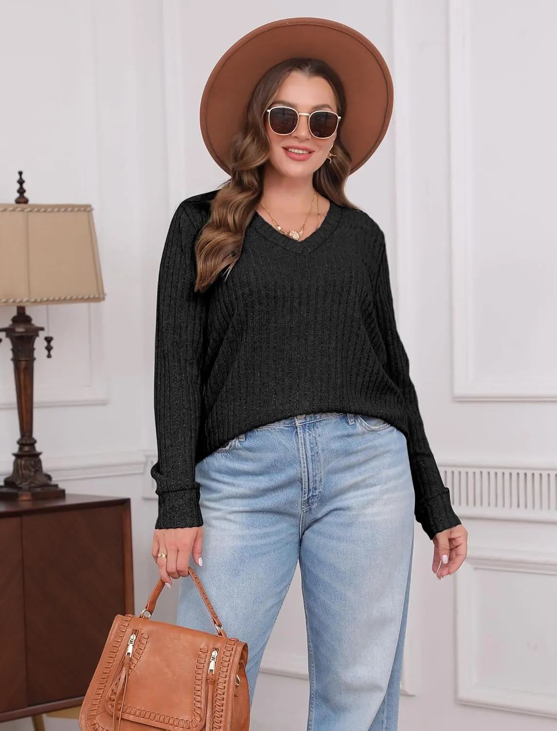 SAMPEEL V Neck Long Sleeve Shirts for Women Casual Fall Tops Lightweight Tunic Sweaters Fashion Clothes 2025