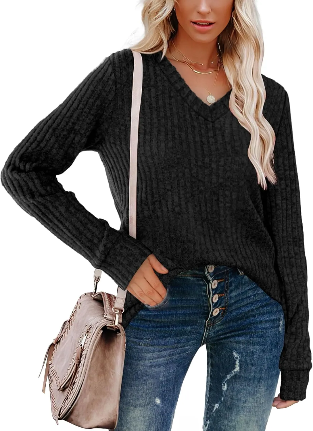 SAMPEEL V Neck Long Sleeve Shirts for Women Casual Fall Tops Lightweight Tunic Sweaters Fashion Clothes 2025