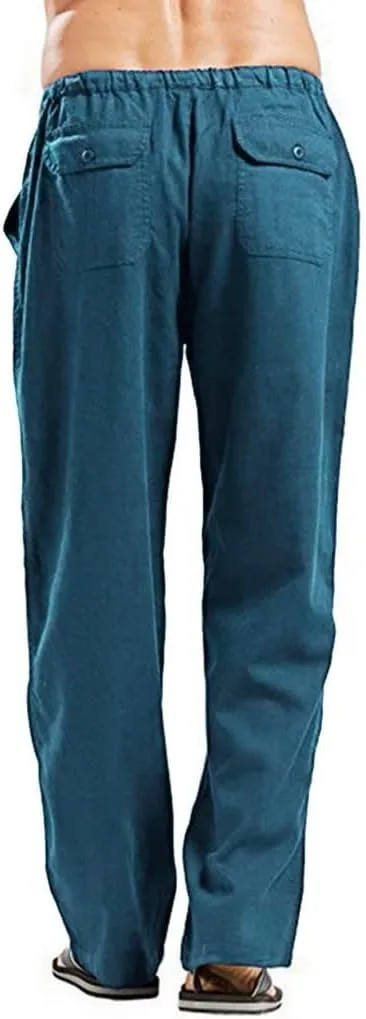 sdbrld Pants For Men Mens Stretchy Waist Pants Casual Loose Fit Straight Legs Beach Pants Solid Cotton Overalls Pants
