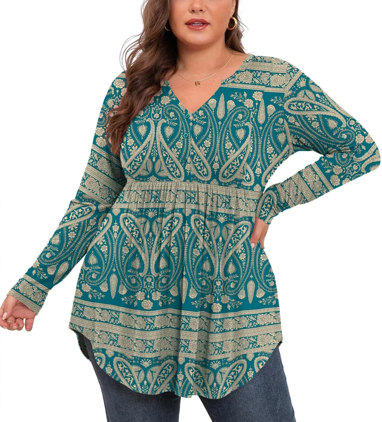 SHIJIALI Women's Plus Size Henley Shirts V Neck Button Tunic Tops Casual Long Sleeve Swing Flowy Blouse