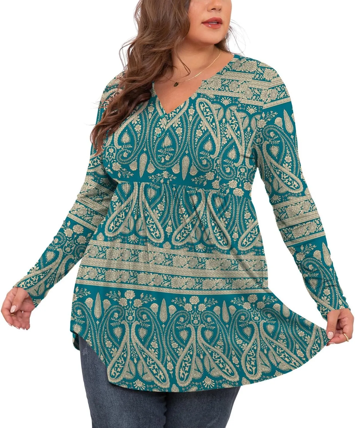 SHIJIALI Women's Plus Size Henley Shirts V Neck Button Tunic Tops Casual Long Sleeve Swing Flowy Blouse