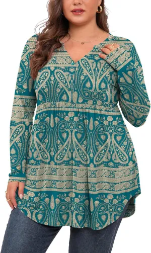 SHIJIALI Women's Plus Size Henley Shirts V Neck Button Tunic Tops Casual Long Sleeve Swing Flowy Blouse