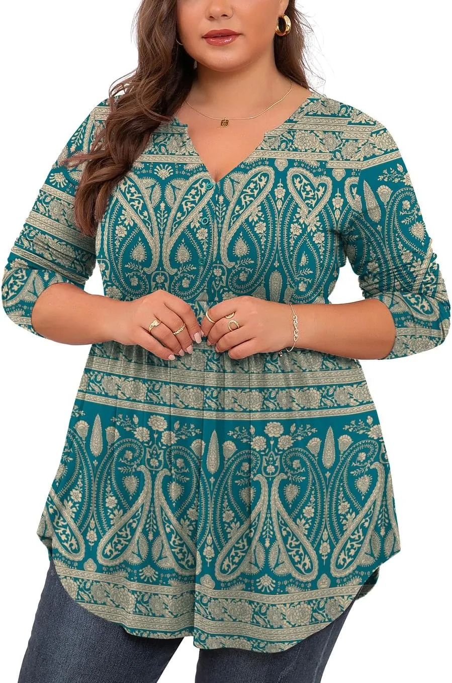 SHIJIALI Women's Plus Size Henley Shirts V Neck Button Tunic Tops Casual Long Sleeve Swing Flowy Blouse