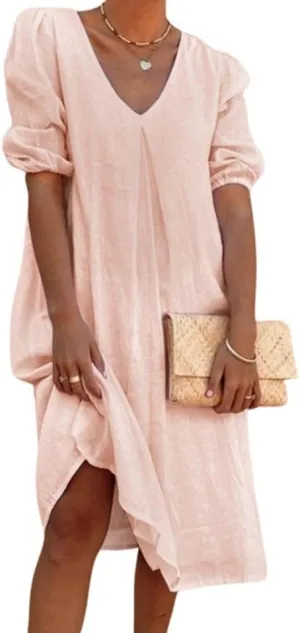 Short Puff Sleeve Cotton Linen Maxi Dress for Women Casual V Neck Solid Color Loose Fit Smocked Midi Dress