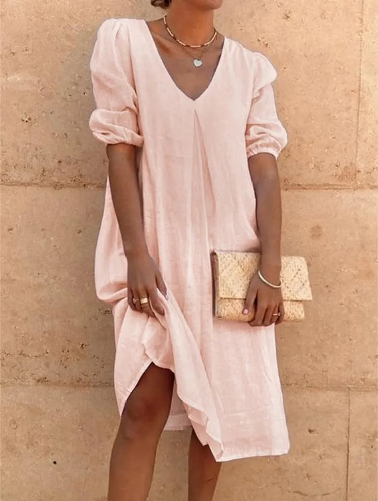 Short Puff Sleeve Cotton Linen Maxi Dress for Women Casual V Neck Solid Color Loose Fit Smocked Midi Dress