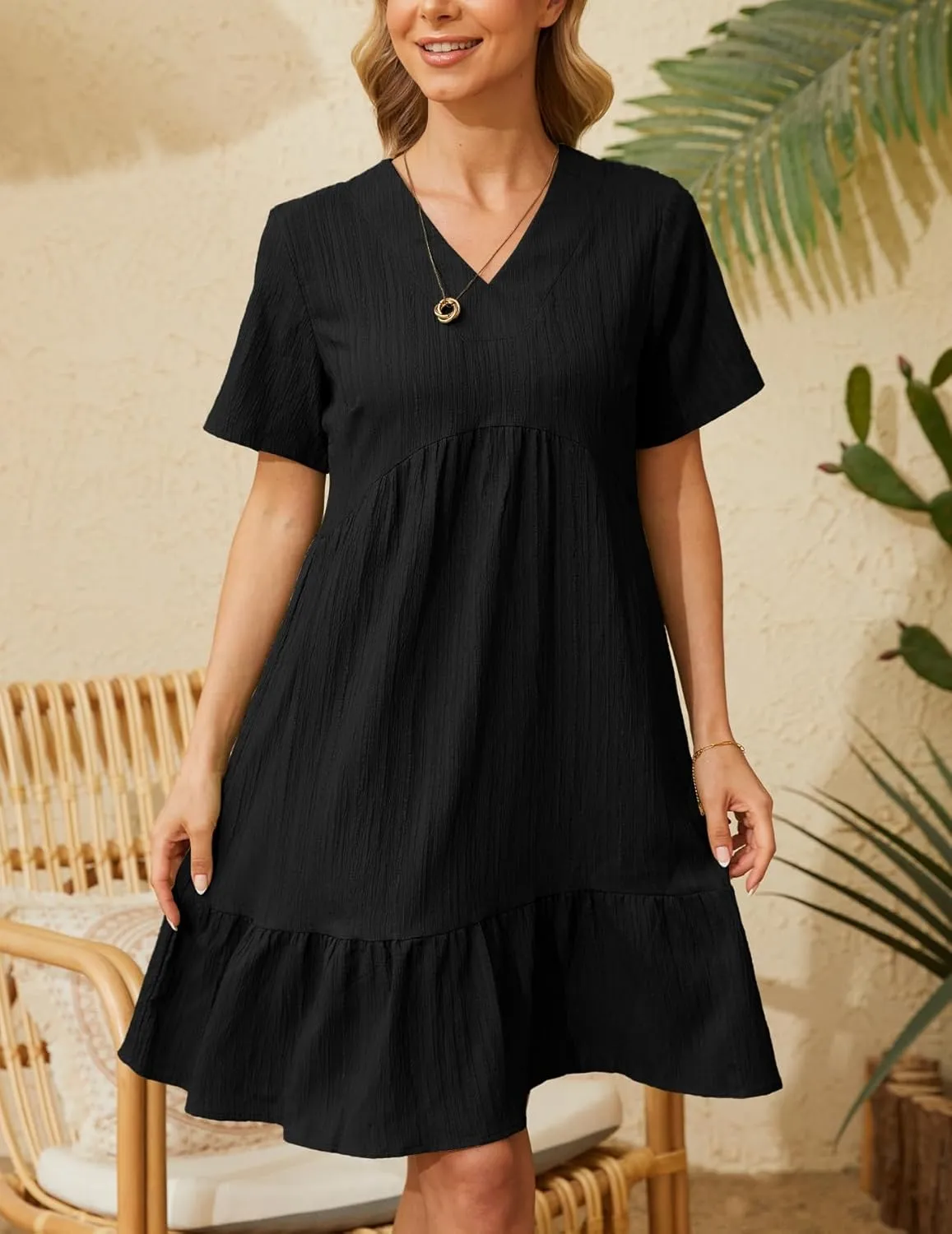 Short Sleeve Empire Waist Ruffle Midi Dress for Women Loose Casual V Neck Tiered Flowy Mini Short Dresses