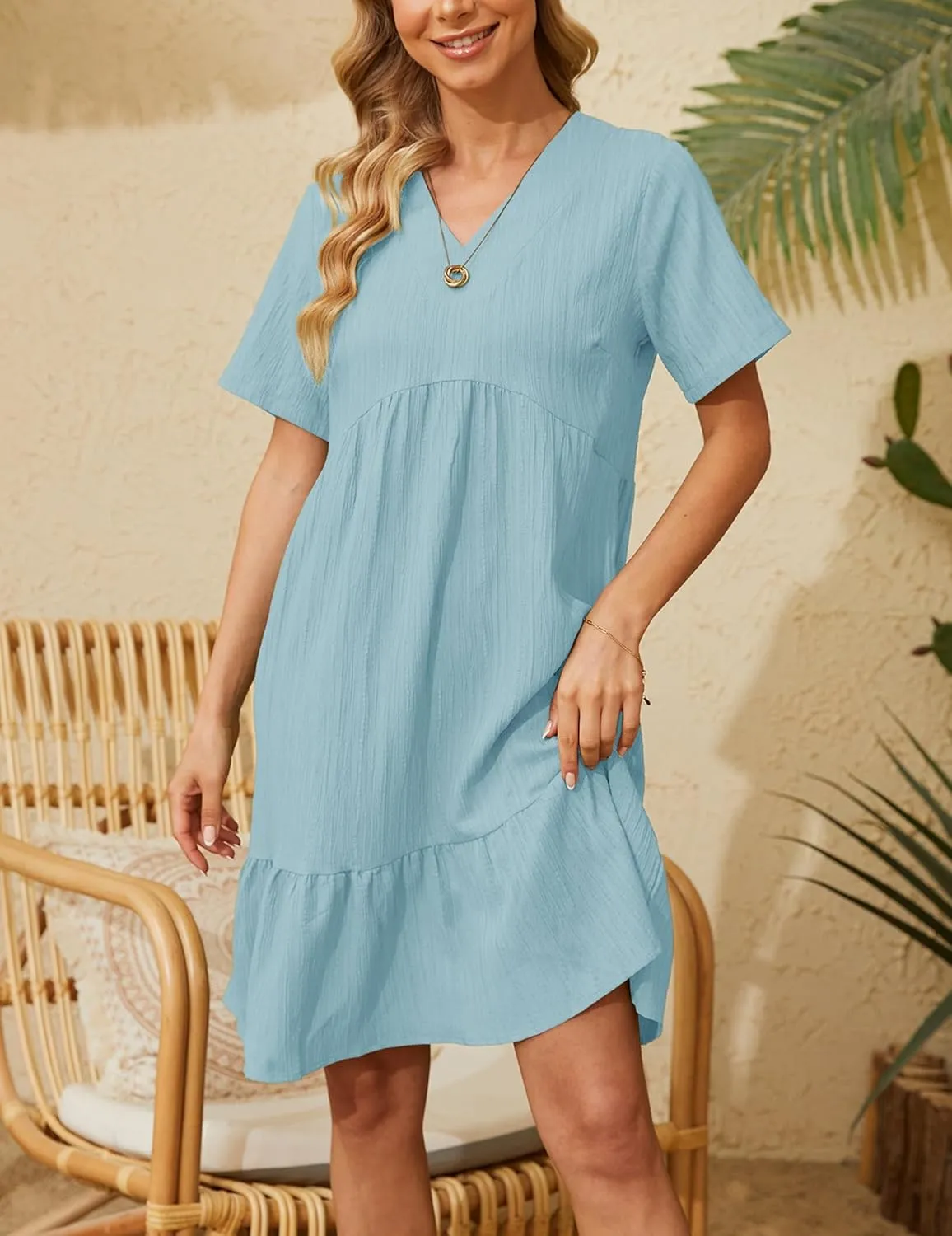 Short Sleeve Empire Waist Ruffle Midi Dress for Women Loose Casual V Neck Tiered Flowy Mini Short Dresses